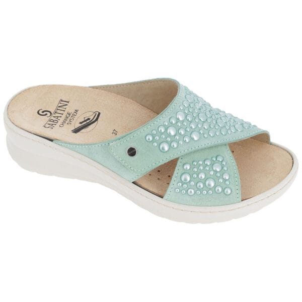 S3056P - Ciabatta in pelle con applicazioni gioiello, plantare estraibile - Camoscio Tiffany